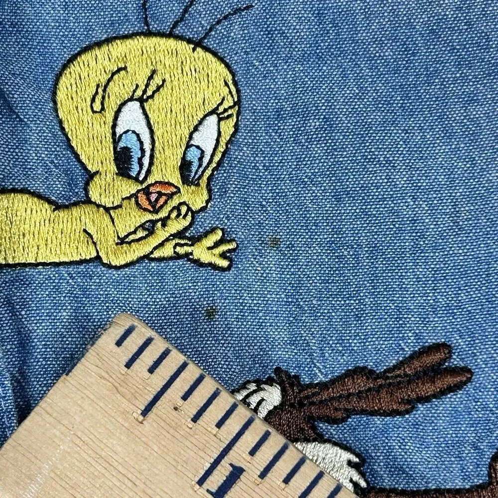 Warner Bros. Studio Store Looney Tunes Cotton Chambray Blue Shirt Embroidered - Picture 7 of 16